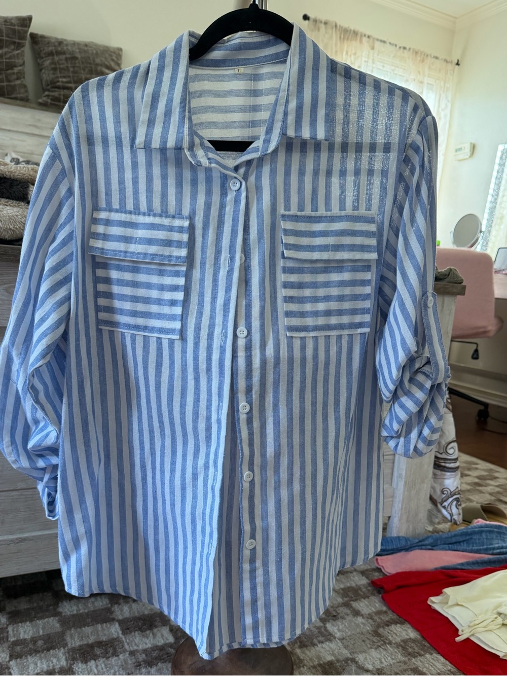 Light Blue and White Striped Women’s Button-Up Shirt